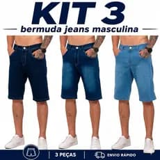 KIT 3 Bermudas Jeans Lisa Masculina com Lycra e Elastano Tamanhos 36 ao 48