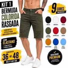 Bermuda saja masculino 100%Algodao Coloridos Rasgado Maravilhoso