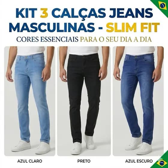 Kit 3 Calças Jeans Masculina com elastano Tradicional Original 36 ao 48