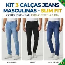 Kit 3 Calças Jeans Masculina com elastano Tradicional Original 36 ao 48
