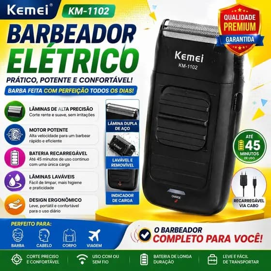 Barbeador Elétrico Sem Fio Kemei KM-1102 Cor Preto para Barbearia e Uso Pessoal