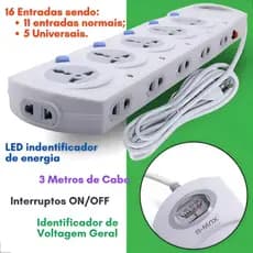 Extensão Filtro de Linha 16 Tomadas Bivolt com Fusível de Proteção Cabo 3m