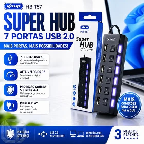 7 Portas  LED USB 2.0 Adaptador Hub Interruptor Liga/Desliga Para Computador Laptop PC