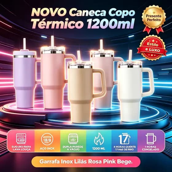 Caneca Copo Térmico 1200ml com Canudo – Mantém Gelado +12h! Garrafa Inox Lilás Rosa Pink Bege
