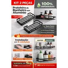 Kit de 2 Prateleira Organizador De Parede Aluminio Suporte De Banheiro Retangular Adesivo Sem Furos