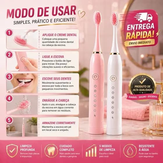 Kit com 2 Escovas de Dente Elétricas Sônicas Recarregáveis Rosa · À Prova d’Água IPX7