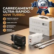 Atacado Kit 5/10/20 Pcs Carregador Turbo 40W A'Gold CA42-3 Charge 4.0 + Cabo USB  Para Tipo C
