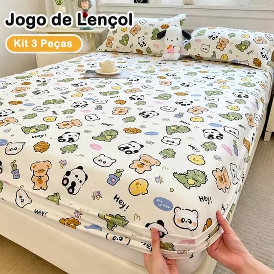 Jogo de Lençol Estampado em Tecido com Toque Acetinado Extra Macio 3 Peças Com Elástico Solteiro Casal Queen King