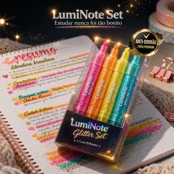 Marca Texto Glitter LumiNote 4 Cores Anti-Borrão Secagem Rápida Caneta Marca Texto Escolar Premium