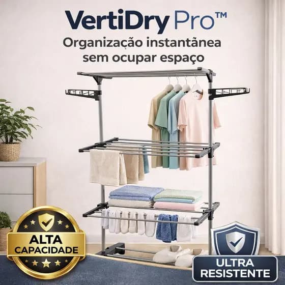 Varal Vertical Dobrável 3 Andares com Cabideiro VertiDry Pro™ – Compacto, Resistente, Ideal para Apartamento Pequeno