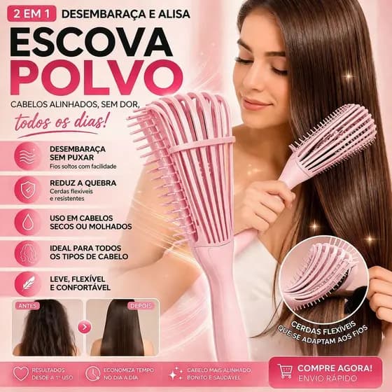 Escova Multifuncional Polvo para todos os tipos de cabelo  Define, Desembaraça e Finaliza cachos