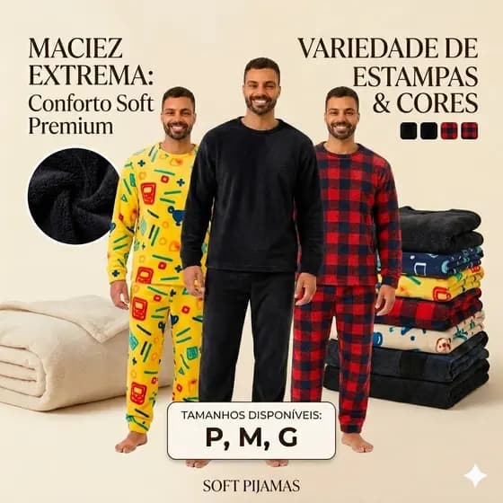 Pijama Masculino Soft Quentinho Inverno Liso e Estampado