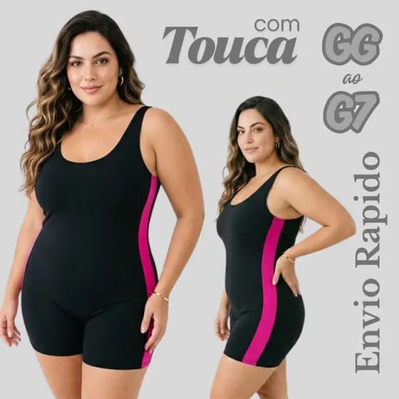 Maiô Macaquinho de Natação e Hidroginástica Plus Size Feminino Curto em Suplex com Faixa Lateral–do GG ao G7 + TOUCA