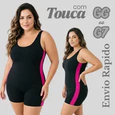 Maiô Macaquinho de Natação e Hidroginástica Plus Size Feminino Curto em Suplex com Faixa Lateral–do GG ao G7 + TOUCA