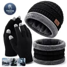 Kit Inverno Touca Forrada + Luva Touch Screen + Cachecol Gola Quente Unissex Frio Masculino Feminino