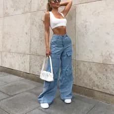 Mulheres 90s Y2K Patchwork Perna Larga Mãe Jeans Bolso Grande Cargo