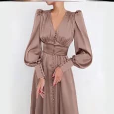 Vestido De Manga Lanterna Feminino Temperamento Diário Pode Usar Longo De Seda