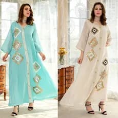 Algodão linho quatro lados lantejoulas bordado tom de pele solto moda Robe indonésio tamanho grande vestido Extra longo