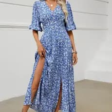 Boêmio estilo férias saia Floral algodão Artificial cintura estreita vestido de manga curta algodão seda praia fenda sai