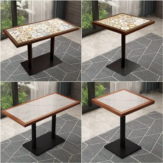 Mesa de jantar comercial de madeira maciça de ardósia, cor de nogueira, mesa de ardósia, café, retangular, estrutura de
