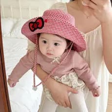 Super elegante ~ arco balde chapéu bebê protetor solar chapéu de um ano de idade chapéu de bebê verão estilo fino aba gr