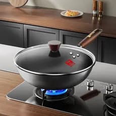 Combach wok de ferro fino com tampa panela não revestida doméstica à prova de ferrugem panela wok de ferro à moda antiga