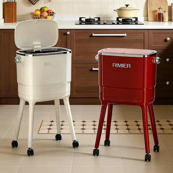 Lixeira de cozinha dedicada doméstica 2025 novo estilo roda removível de alta aparência com tampa curva de grande capaci