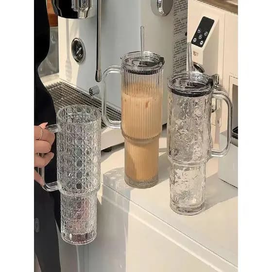Copo de palha grande Mac de vidro de grande capacidade com alça para meninas Copo de água de café de escritório de alto 