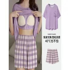 Pijamas femininos verão algodão puro 100% manga curta com almofadas no peito feminino tamanho grande solto pode usar for