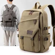 Nova cor sólida Retro lona mochila masculina versão coreana Multi-camada grande capacidade júnior escola secundária Col