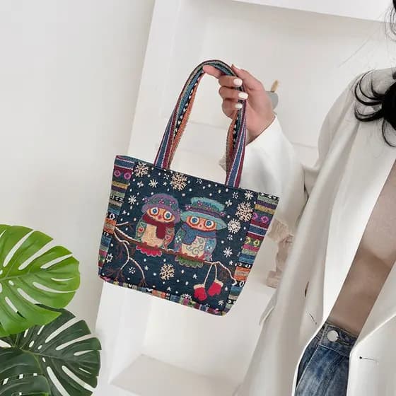 Desenhos animados All-Match bordado Retro estilo étnico bolsa elefante coruja bolsa de lona Bento mãe saco