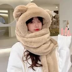 Chapéu de urso feminino estilo inverno conjunto de três peças inverno bonito pelúcia com capuz cachecol de uma peça luva