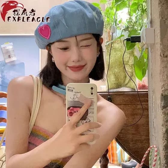 Novo produto japonês Retro grande circunferência da cabeça boina jeans primavera verão outono feminino versão coreana Al