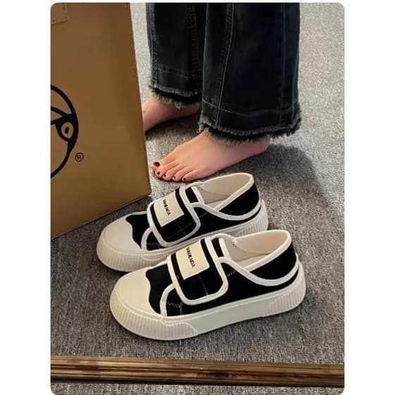 Lona meia chinelos feminino 2025 primavera outono novo estilo de sola grossa Velcro sapatos brancos dois Wear um Pedal t