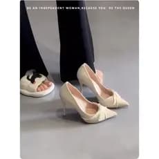 Royal irmã estilo plissado bege salto alto temperamento feminino high-End apontou Toe vestido salto Stiletto não cansado