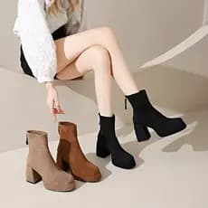 2025 frito rua pequenas botas curtas Retro Merad camurça grosso salto alto botas curtas feminino inverno novo estilo tem