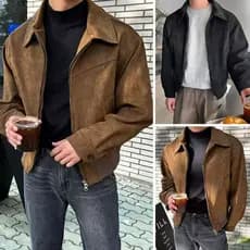 Jaqueta Masculina De Camurça Solta Com Zíper Design Versátil Gola Monocromática De Vôo