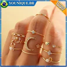 10 Pçs Conjunto De Anel Ajustável Para Mulheres Lua Estrela Coração Diamante Jóias