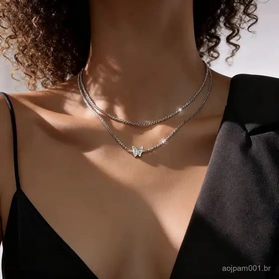 Colar Feminino Hip Hop Com Design De Borboleta Estrelada Com Tudo Que Combina Com Brilhante Colar De Corrente Piscante