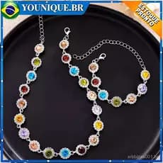 Conjunto de pulseira e colar com zircônias coloridas, joias femininas em aço inoxidável