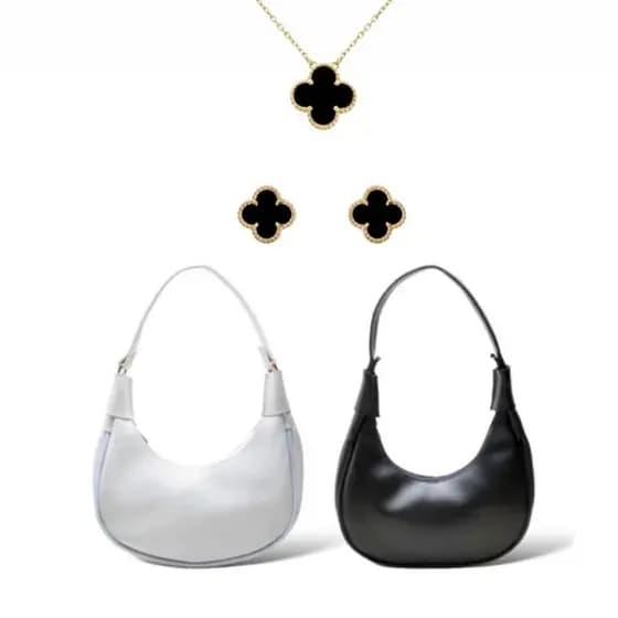 Kit 2 Bolsa Feminina Meia Lua + Colar + Brinco de Trevo Lançamento