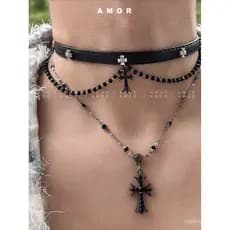 Colar Gargantilha De Couro Com Cruz Preta Estilo punk Gótico