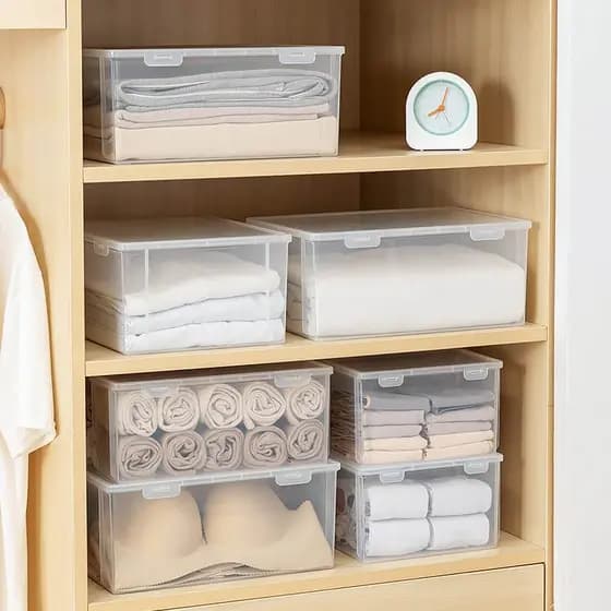 Caixa de armazenamento de roupas guarda-roupa doméstico em camadas arrumado caixa roupas calças roupa interior plástico