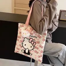 HelloKitty Bolsa de lona feminina de grande capacidade Bolsa de ombro de estudante Bolsa fofa KT Cat Commuter Tote Bag