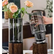Japão importado simples suporte de madeira vaso de vidro tubo reto prata vime inserção vaso seco grande sala estar Ro