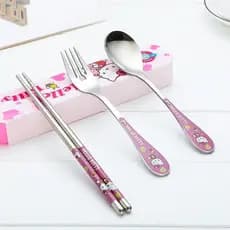 Bonito dos desenhos animados crianças estudantes hellokitty garfo de aço inoxidável pauzinhos colher portátil caixa de t