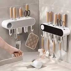 Rack de faca de cozinha, sem perfuração, montado na parede, multifuncional, com pedra de afiar, faca de cozinha, rack de