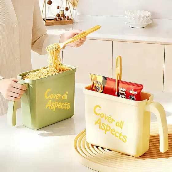 Tigela de macarrão instantâneo ensacada, utensílios de mesa domésticos, dormitório estudantil, preguiçoso, dedicado, cai