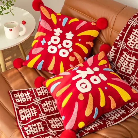 Senhora confuso casamento vermelho feliz personagem fogos de artifício travesseiro par casamento imprensa cama travessei