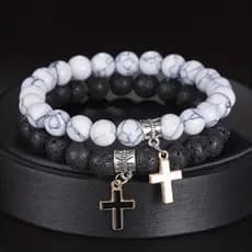 Pulseira de 8mm, pedra vulcânica de pinho branco, conjunto de pulseira de pedra, pingente cruzado, pulseira elástica